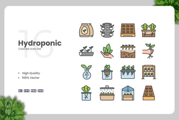 Hydroponic Colored Icons: Fresh Graphics for Digital Shops