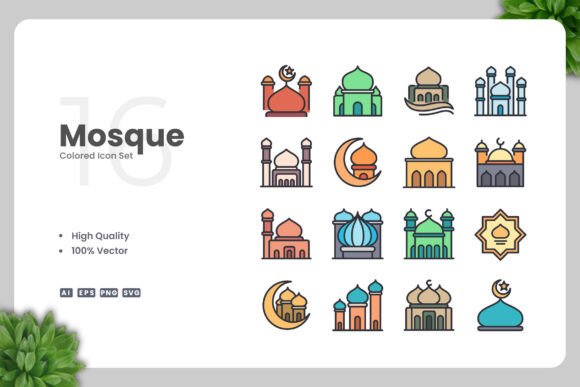 Mosque Colored Icons: Graphics & Icons for Sellers