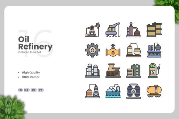 Oil Refinery Colored Icons: Modern Graphics for Branding