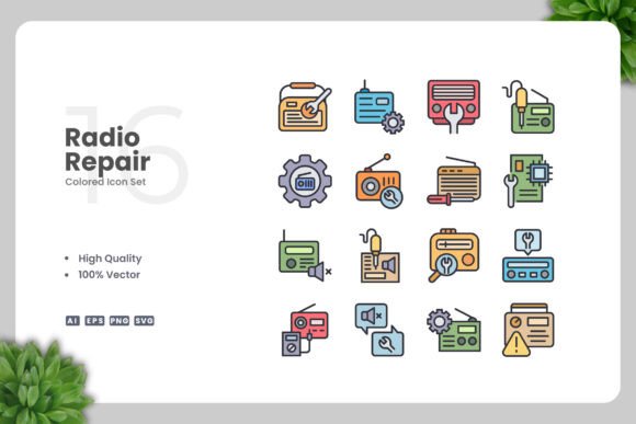 Radio Repair Colored Icons: Graphics for Brand Identity